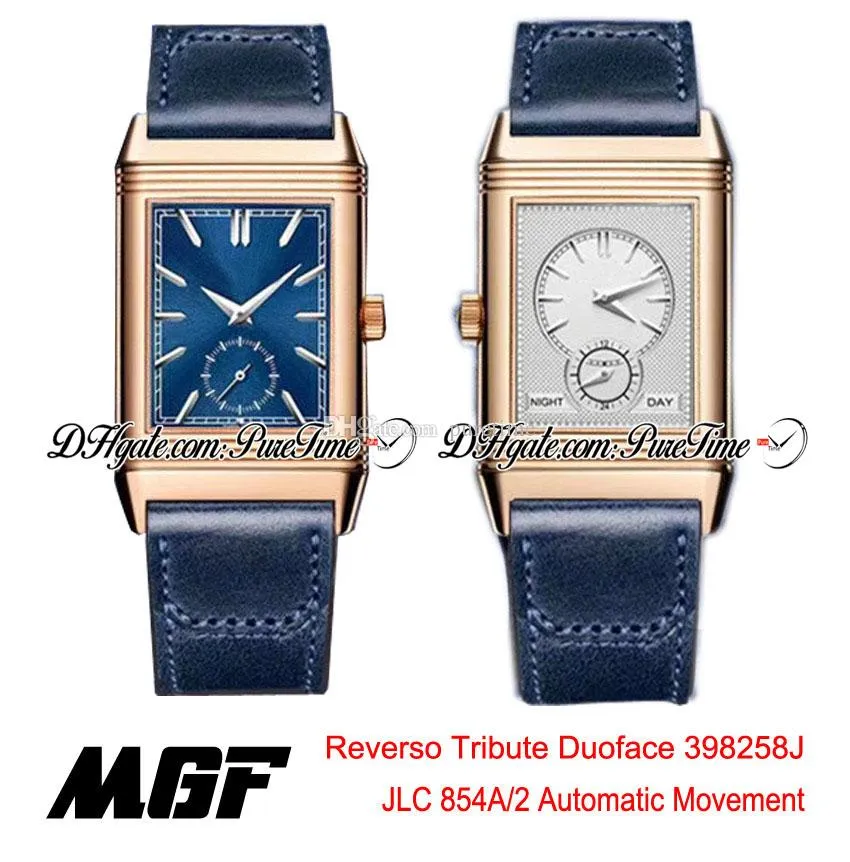 MGF Reverso Tribute Duoface 854A / 2 التلقائية للرجال 398258J JLC وردي ذهبي أزرق مينا فضي حزام جلدي أزرق 2022 Super Edition Puretime 01b2