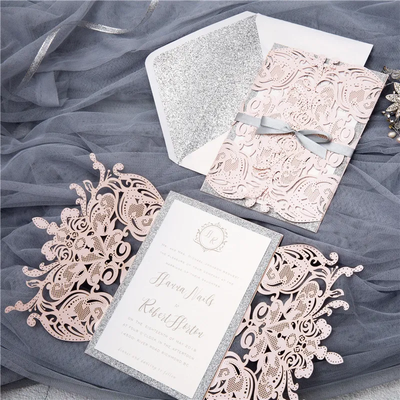 50 pieces lot European Light Pink Wedding Invitation Card Laser Cut Floral Wedding Card Glittering Engagement Baptism Invitation261E