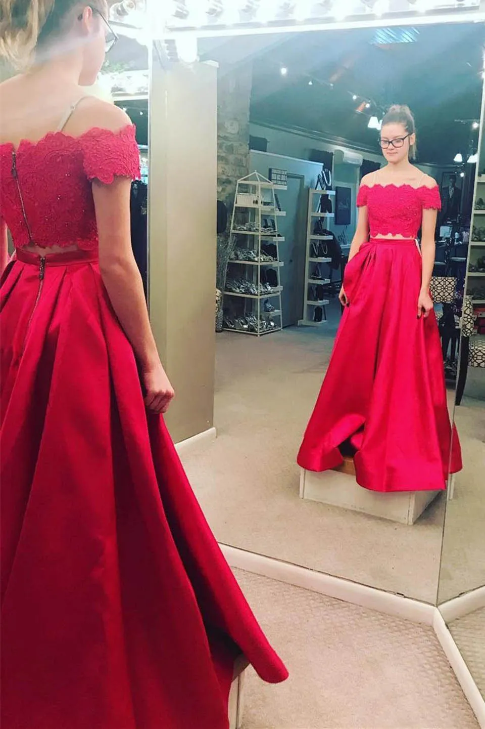 white christmas dresses Pink Two Piece Long Prom Dress with Short Sleeves Prom Dress For Freshman main image 0