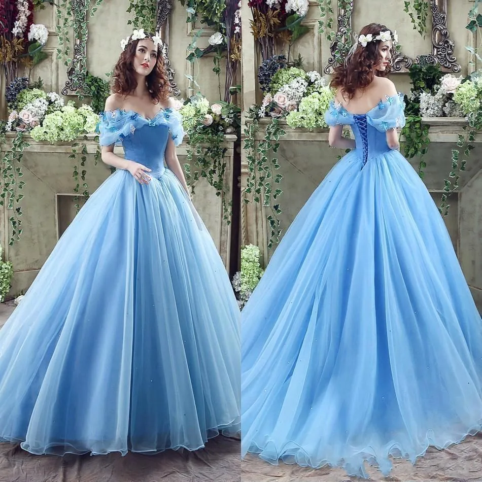 2023 Real Image Askepott Ocean Blue Prom Dresses Off Axed Cared Butterfly Organza Long Backless Ball Gown Evening Party Gowns 745