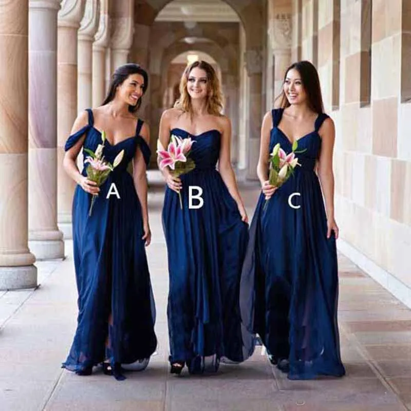 2018 bleu marine longue robe de demoiselle d'honneur de pays trois styles en mousseline de soie femmes portent une robe de demoiselle d'honneur formelle pour la robe de soirée de mariage, plus la taille