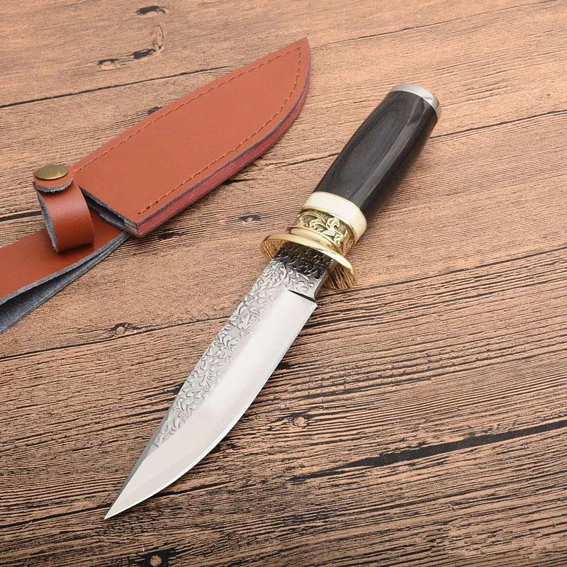 Outdoor Survival Hunting Knife High Carbon Steel Drop Point Blade Ebony Handle Fixed Blade Knives With Leather Sheath