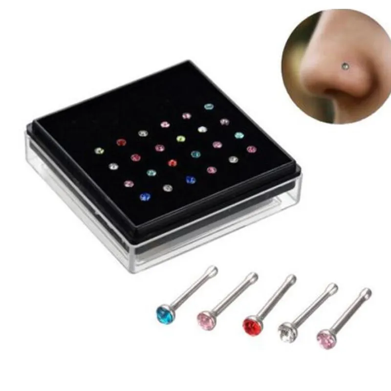 Set of 24 Nose Studs Stainless Steel Nose Rings with Gemstone For Both Men And Women