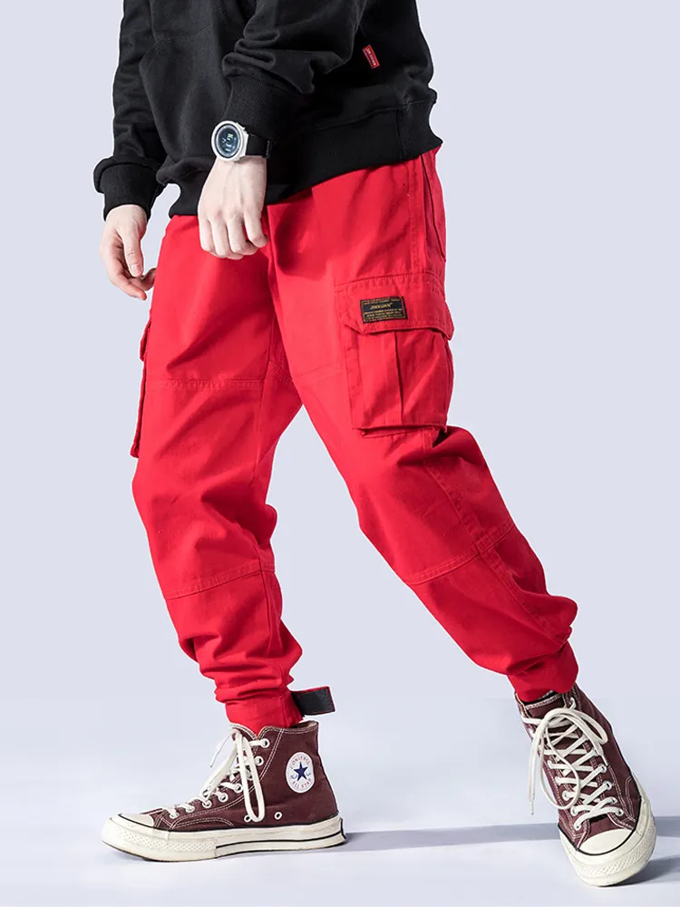 Fashion Streetwear Men Jeans Harem Trousers Japanese Style Big Pocket Cargo Pants hombre Red Loose Fit Hip Hop Joggers Pants Men