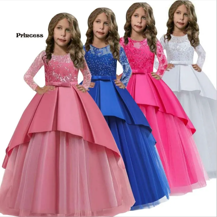 Hollow Out Lace Flower Girl Dresses Long Sleeve Layered Tulle Wedding Gown for 2 15 Years Old Kids