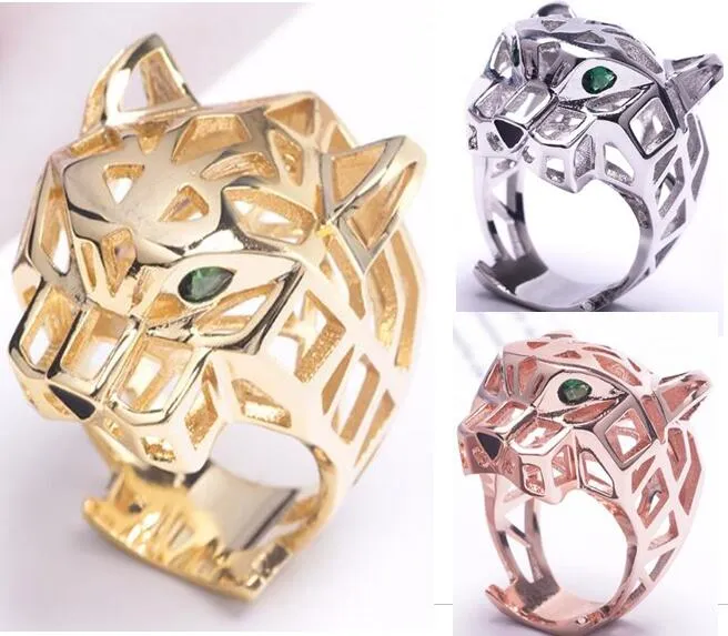 High Quality Fashion Lady Brass Hollow Out Green Eyes Zircon Leopard Head 18K Gold Wedding Engagement Rings 3 Color Size7-9