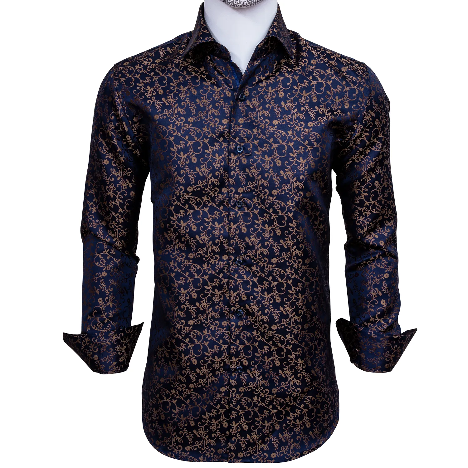 Snabb leverans Silk Mäns Långärmad T-shirts Jacquard Woven Blue Gold Floral Slim Shirts för Klänning Party Bröllop Utsökt Fashion Cy-0006
