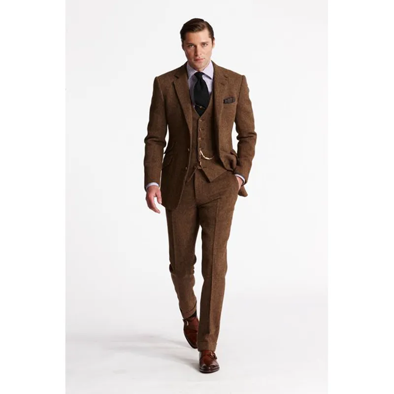 Neueste Mantelhose Designs Braune Tweed Männer Anzug Slim Fit Herrenanzüge Smoking Custom Breom Blazer Prom Anzüge Terno Masculino