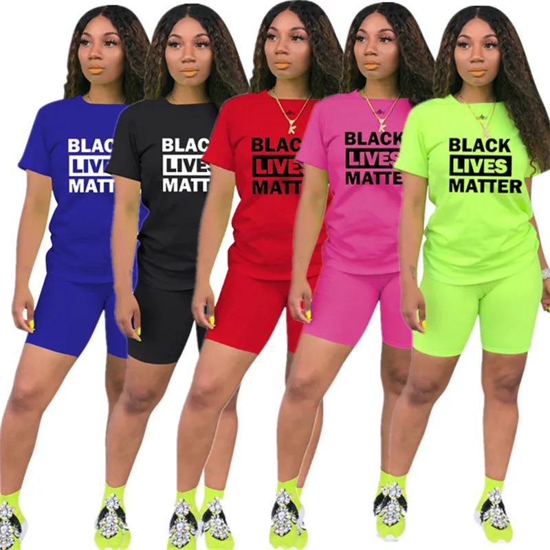 Fashion Women Shorts Tracksuit Black Lives Matter Letter Two Piece Set Short Sleeve T-shirt T Shirt + Shorts Outfits Summer Streetwear Suit