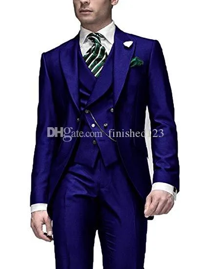 Très bon un bouton bleu marié Tuxedos pic revers hommes costumes 3 pièces mariage/bal/dîner Blazer (veste + pantalon + gilet + cravate) W564