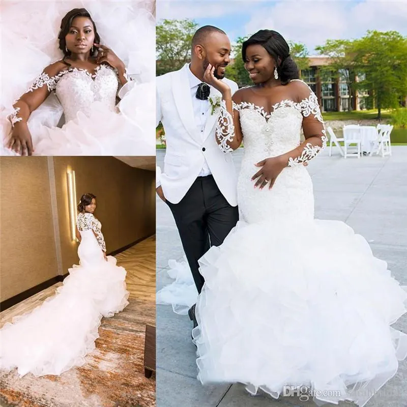 African Sheer Long Sleeves Lace Mermaid Wedding Dresses 2020 Scoop Neck Tulle Applique Sweep Train Wedding Bridal Gowns robes de mariée