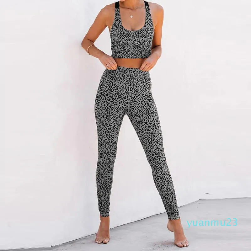 Vente en gros-Sexy Leopard Print Gym Sport Set 2pcs Yoga Set Soutien-gorge de sport sans couture taille haute Fitness Leggings haute élastique course costume d'entraînement