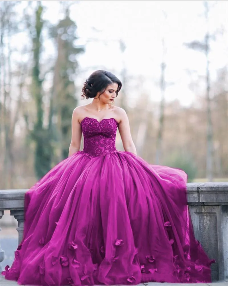 Dark Red Lace Tulle Ball Gown Purple Corset Prom Dress With Petal