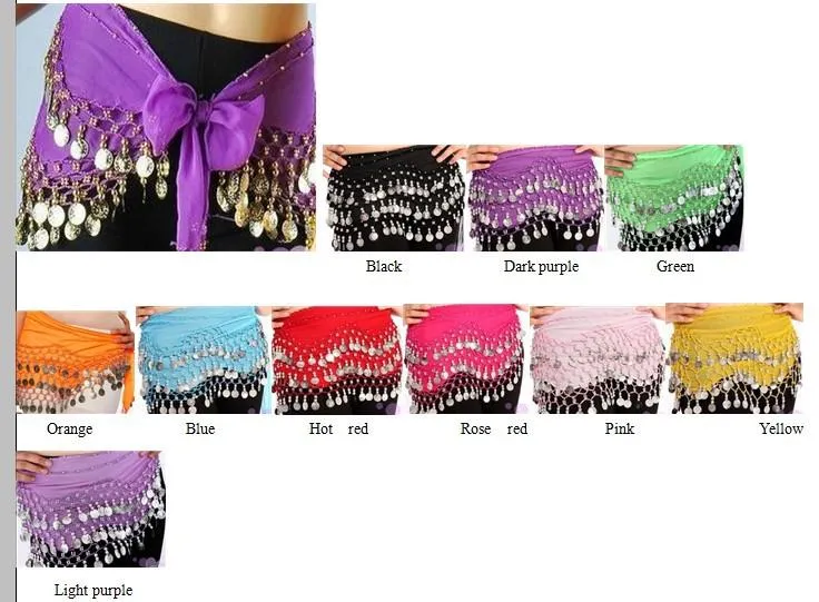 12 Colors 3 Rows with Coins Belly Dance Hip Skirt Scarf Wrap Belt Costume Stage Wear