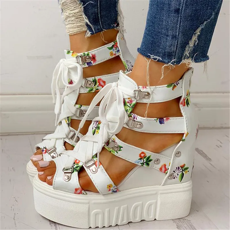 INS Hot Print Leisure Wedges women's Shoes 2020 Summer Shoes women Sandals Platform Shoelaces High Heels Casual Woman