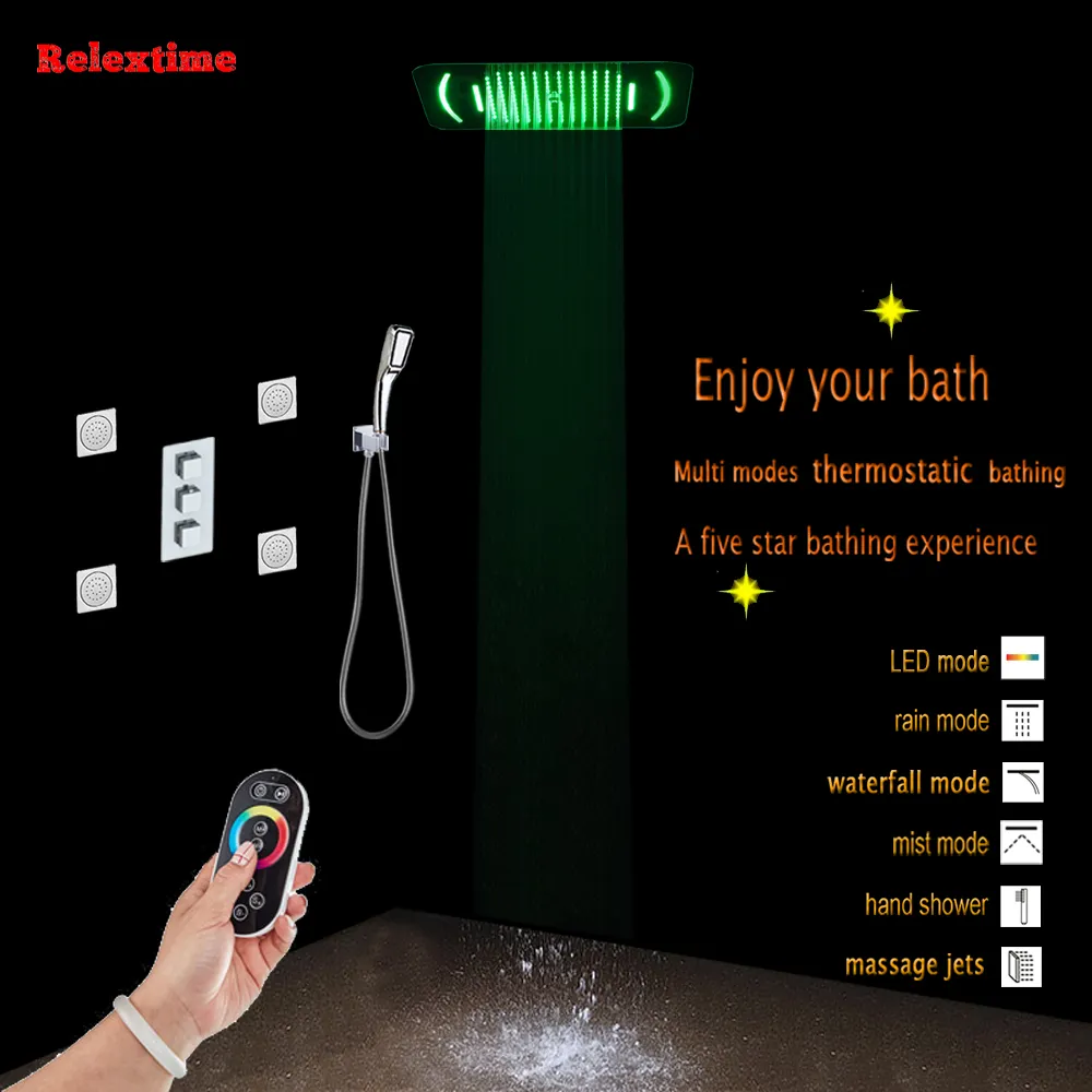 Ensemble de douche dissimulée d'angle de salle de bains, robinet mitigeur thermostatique, buse de douche lumineuse au plafond LED, pomme de douche, pluie, cascade, Jets de massage