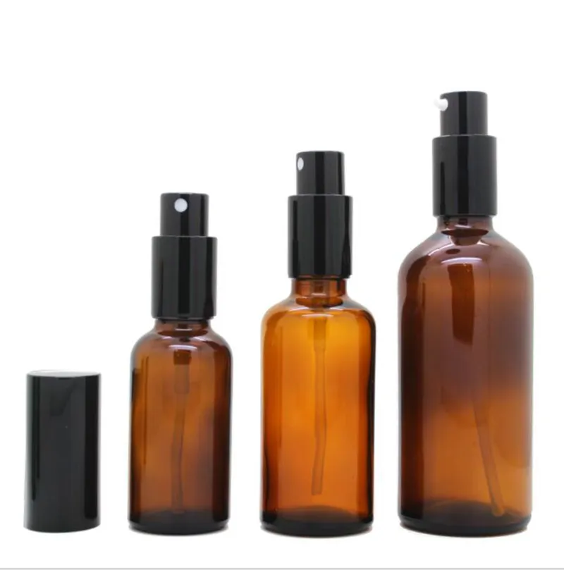Groothandel VS Amber glas parfumflessen 30ml 50ml 100ml lege verstuiver make-up spuitfles met zwarte dop