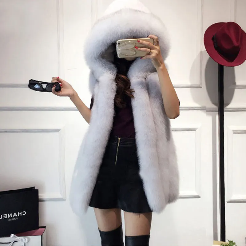 Plus Size 6XL Fur Hood Vest Women Faux Fur Vest Striped Long Gilet Sleeveless Coat Winter Jacket V888