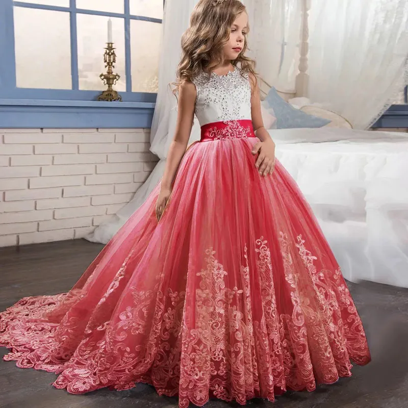 Summer Dress Girl Kids Clothes Elegant Fashion Girls Party Princess Prom  Dresses Tie-up Kids Floral Dress 4 6 8 10 12 Years
