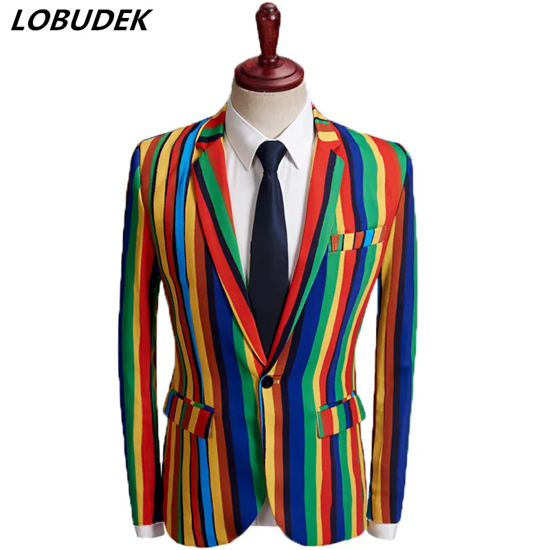 Erkekler Renkli Stripes Baskı blazer ceket gündelik elbise ceketi ince yaka yaka tek düğme çubuğu singer smokedo stüdyo çekim ev sahibi çiçek blazer