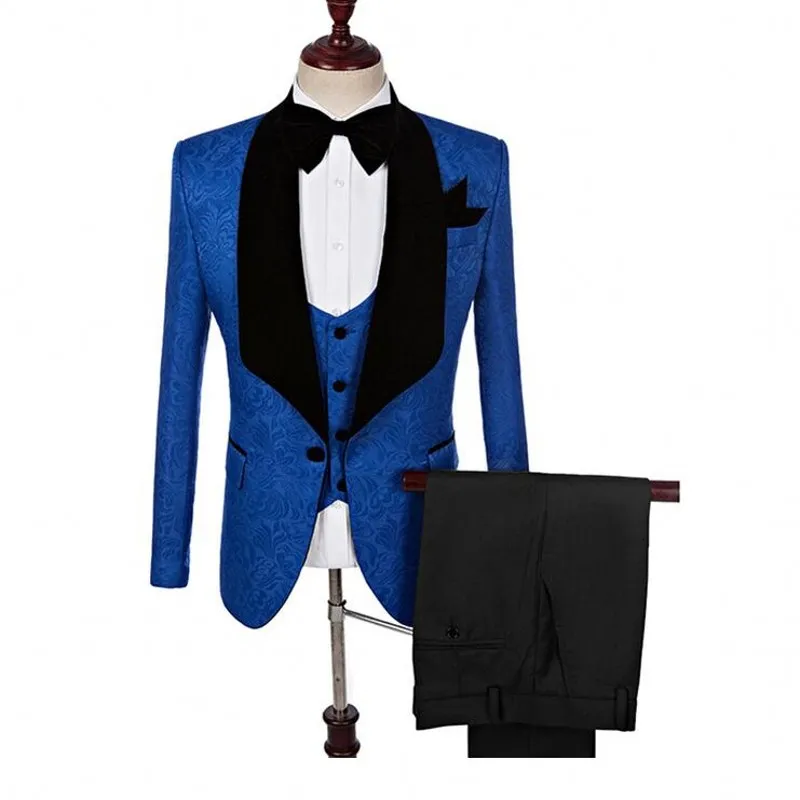 Blauwe Print Bruidegom Tuxedos 2019 GroomsMen Black Sjaal Revers One Button Mannen Past Bruiloft / Prom Beste Man Blazer (Jack + Pants + Vest + Bow)