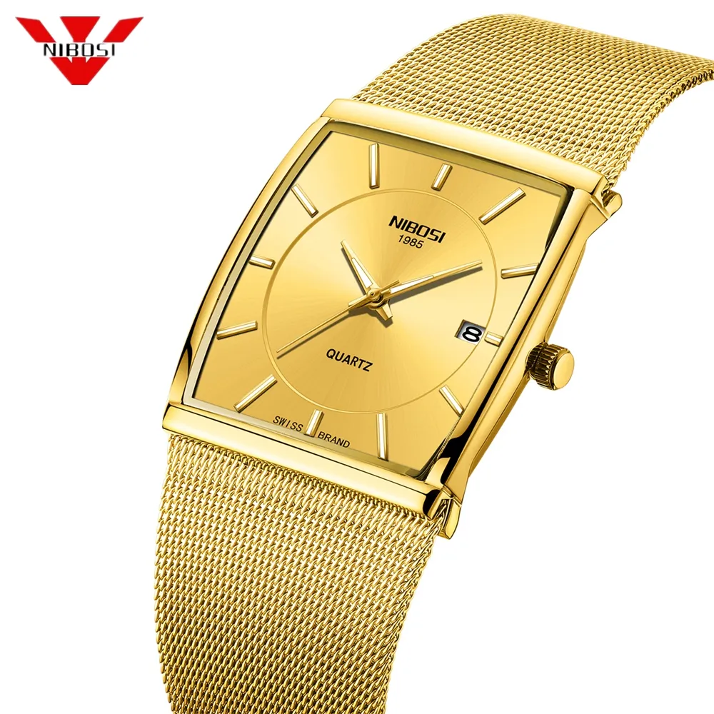 Nibosi carrée en acier inoxydable maille bracelet montres Date d'affichage hommes Quartz Montre Luxe Gold Male Montre-Bracelet Relogio Masculino