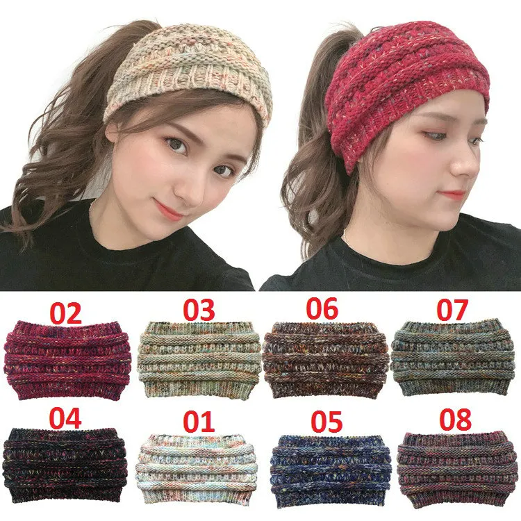 ファッション女性カラフルなニットポニーテイルの帽子暖かいかぎ針編み糸編み編みされた空白のトップウールの帽子カバー少女のヘッドバンド