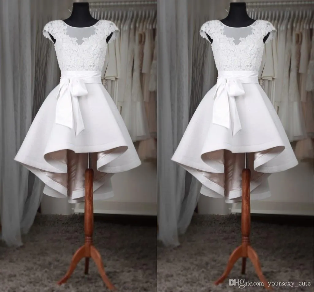 Cap Sleeves High Low White Lace Sheer Short Wedding Dress Cap Sleeves High Low White Lace Sheer Short Wedding Dress