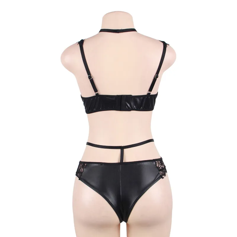 Erotische lingerie voor vrouwen PU lederen kanten beha set zwarte sexy lingerie transparante bh panty uitgeholde ondergoed