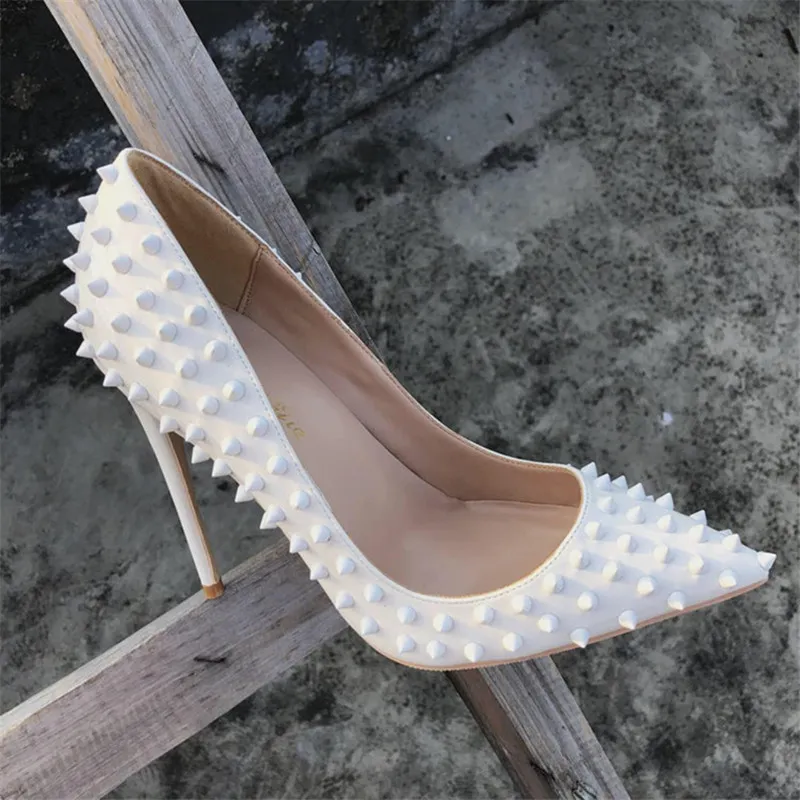 fee new style Casual Designer white patent leather studded spikes point toe high heels shoes pumps bride wedding party shoes