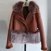 Осень Зима теплая Real Шуба Женщины с Real Fox Fur отделка из натуральной замши Меховые куртки