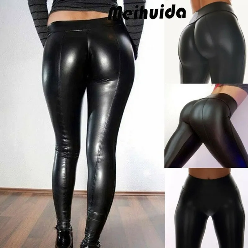 Heiße Damen-PU-Lederhose, sexy Damen-elastische Taille, dehnbar, Push-Up-Bleistift, dünne enge Leggings, schwarze Jegging-Bleistifthose