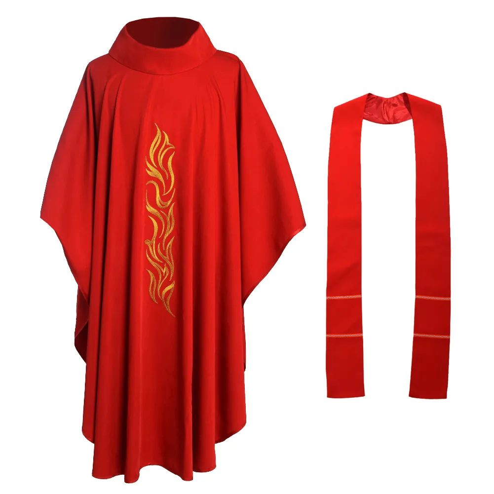 Röd katolsk kyrka Chasuble Religion kostymer heliga formella prästerskap broderade prästrockar kläder outfit