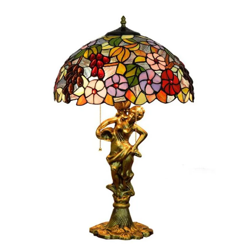 Lamp Table Lamp Fixação Mediterrâneo vitral decorativa Uva Luz para sala de estar Quarto antigo arte base Tiffany Desk