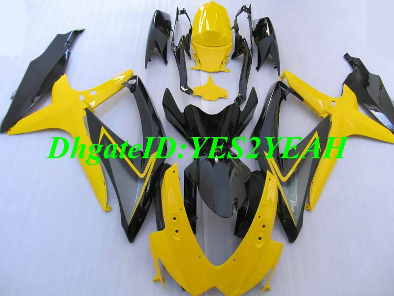 SUZUKI GSXR600 용 사용자 정의 오토바이 페어링 키트 750 K8 08 09 GSXR600 GSXR750 2008 2009 ABS 옐로우 블랙 페어링 세트 + 선물용 SE16