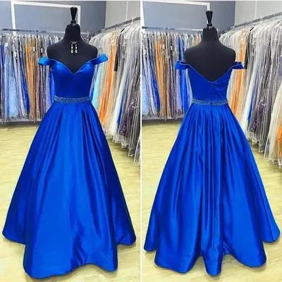 Schulterfreie, günstige Ballkleider, Perlenschärpen, 2019, A-Linie, Satin, V-Ausschnitt, rückenfreie Kleider, Abendgarderobe, Partykleid, Kleid für besondere Anlässe, Mädchen