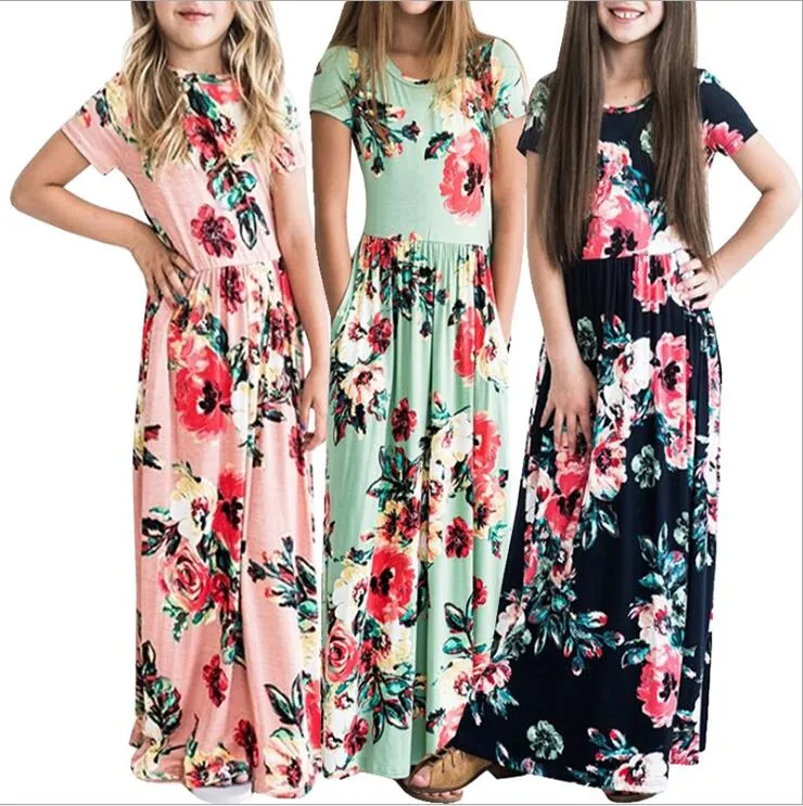 Meninas Vestidos Florais Bebê Listrado Maxi Dress Crianças Longa Princesa Vestido De Manga Curta Verão Verão Vestidos De Praia Kids Party Vestidos Casuais C6846