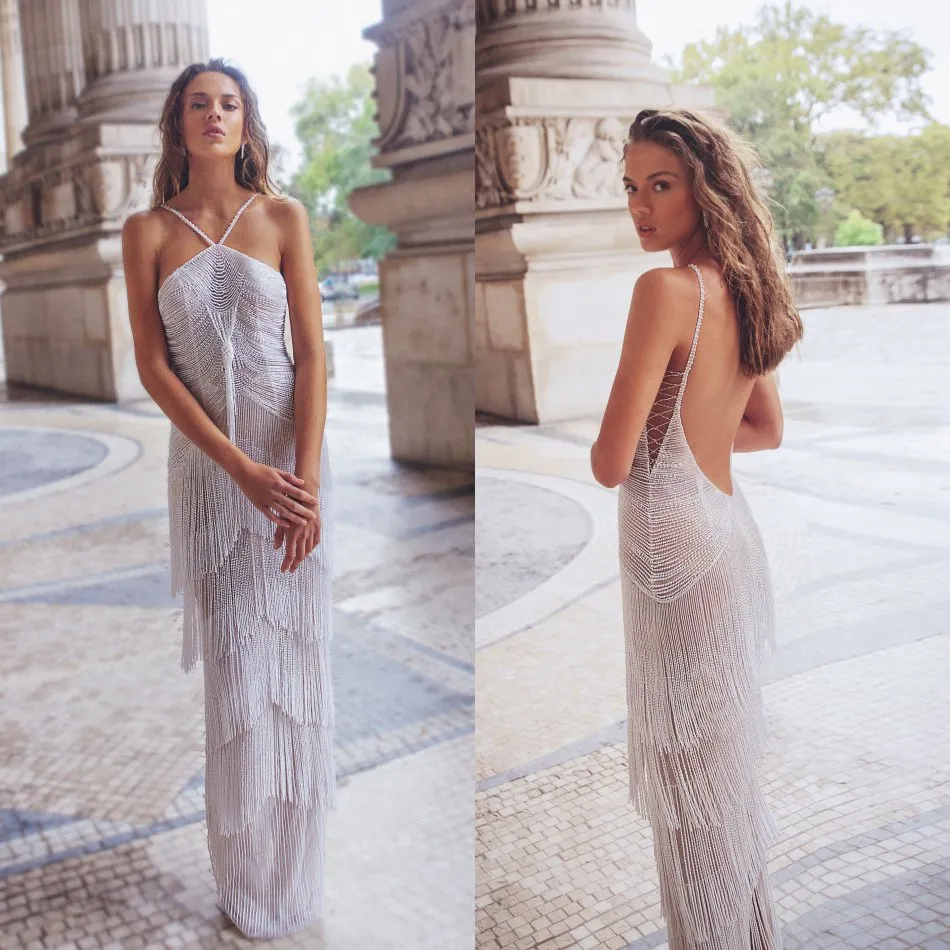 Elihav Sasson Mermaidのウェディングドレス背中のスパゲッティタッセルビーズ真珠のウェディングドレス床の長さのvestidos de Novia