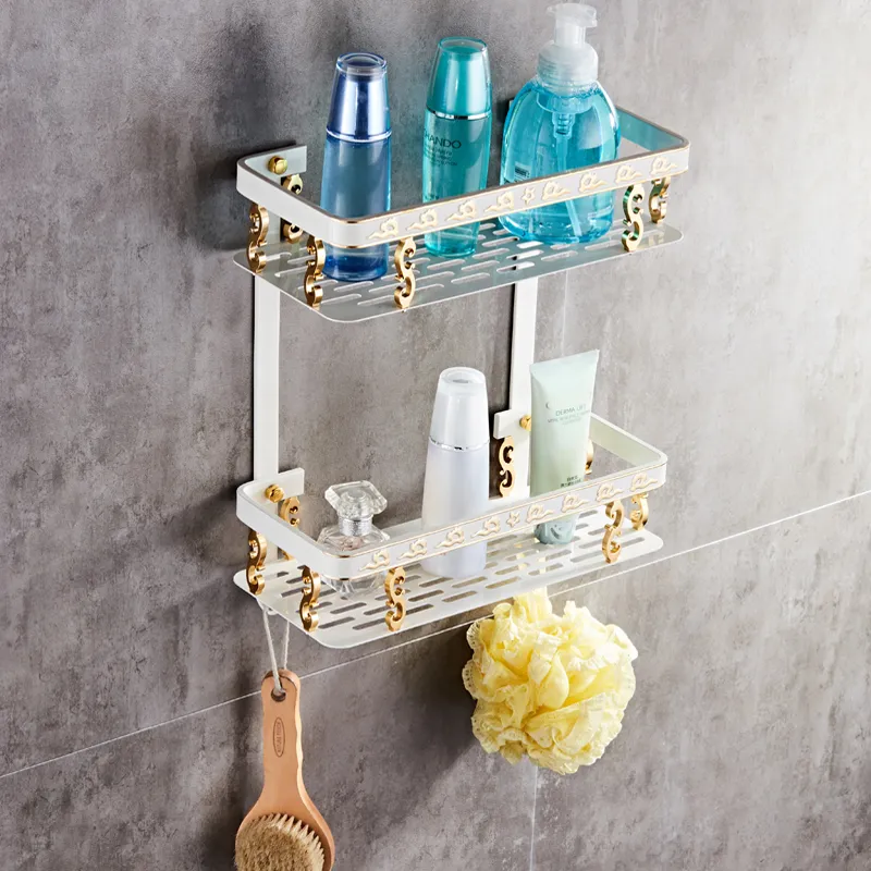 2 -Layer Bathroom Shelf Space Aluminum White & Gold Shower Shampoo Soap Cosmetic Rack Holder Shelves Storage Toilet Room Organizer