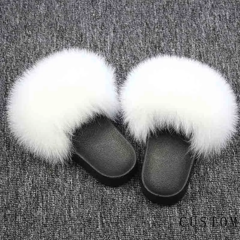 Nouveau Réel fourrure de renard nouvelles pantoufles femmes fourrure maison moelleux curseurs en peluche fourrure été appartements coupe dames chaussures grande vente chaude