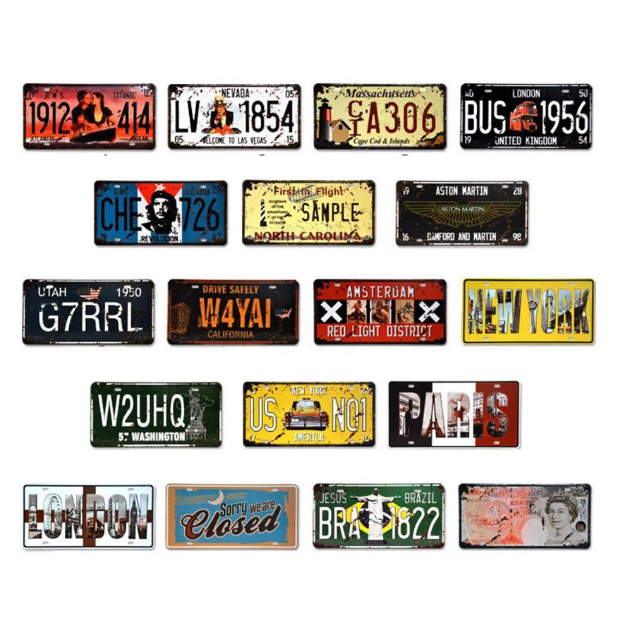 Car License Metalowa Płyta Numer Samochodu Tin Signs Bar Pub Cafe Decor Metal Sign Garaż Papier sztuki Plaque Plakat JK2006XB