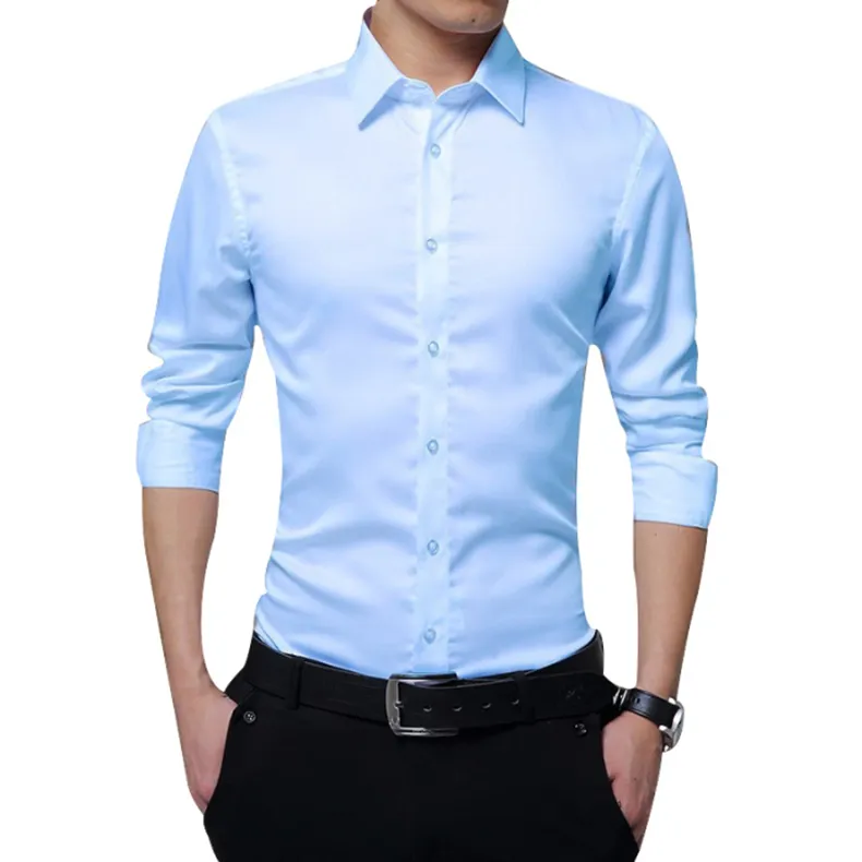 Camisas sociais masculinas de alta qualidade manga longa sólida formal camisa de negócios slim fit homem camisas sociais gola virada para baixo 6 cores