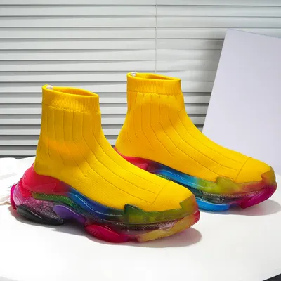 rainbow bottom women triples fashion socks boots slip on design female casual ankle boots autumn loafers shoes pink yellow blue shoes