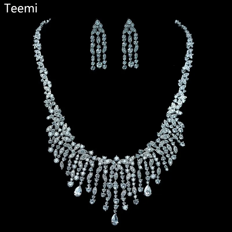 LUOTEEMI Luxueux Bijoux De Mariage De Mariée Charme CZ Cristal Goutte D'eau Pendentif Colliers Boucles D'oreilles Ensemble Long Gland Brillant Zircon Bijoux Femmes