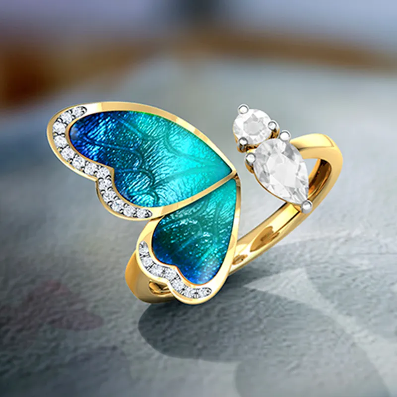 Fantasy Blue Butterfly Wings Gold Open Finger Pierścionki Charms Biżuteria Moda Regulowane Rhinestone Party Pierścionki dla kobiet