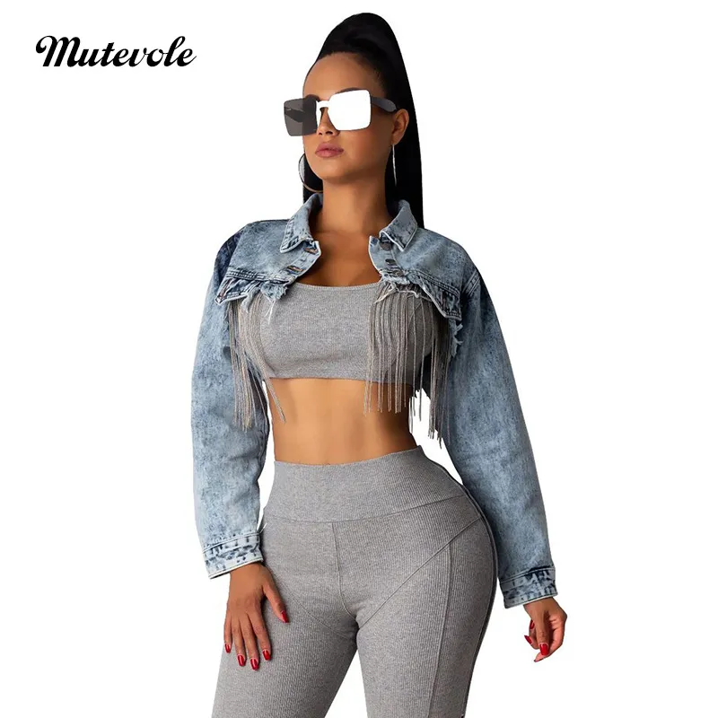 Mutevole femmes décontracté Extra court Denim veste automne à manches longues gland veste bouton col rabattu Sexy culture jean