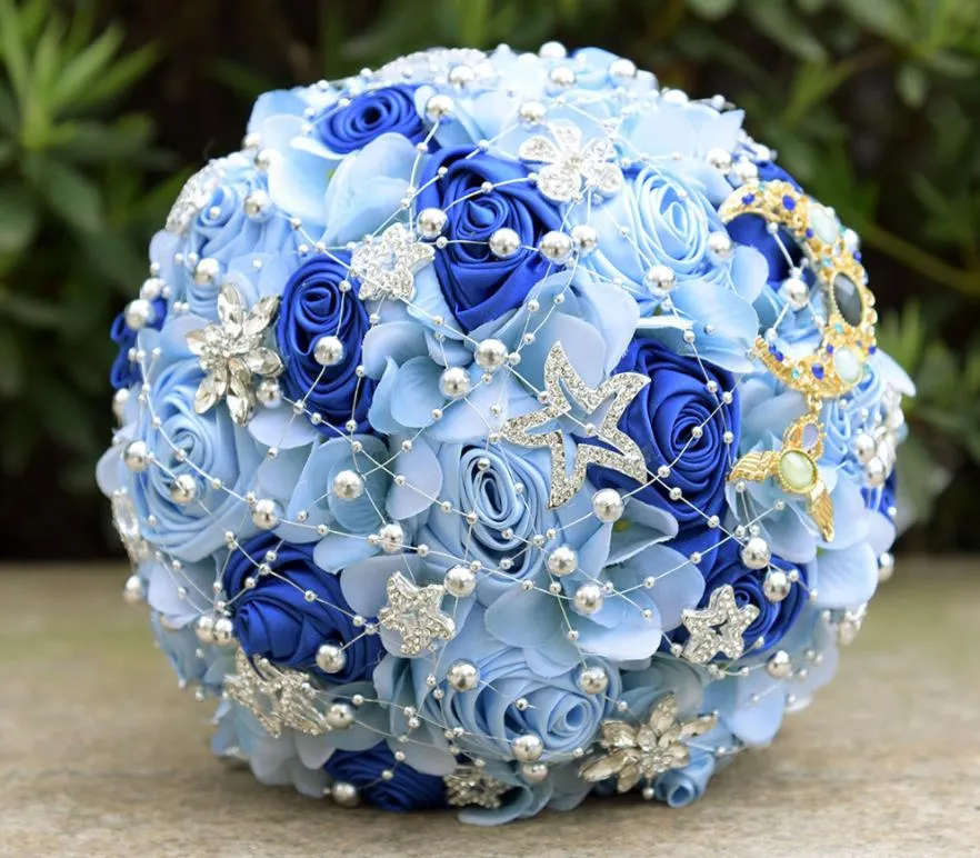 Artificial Bridal Wedding Bouquets Flowers Crystal Romantic Starry Sky Blue Bridal Wedding Bouquet Handmade Pearls Wedding Bouquets