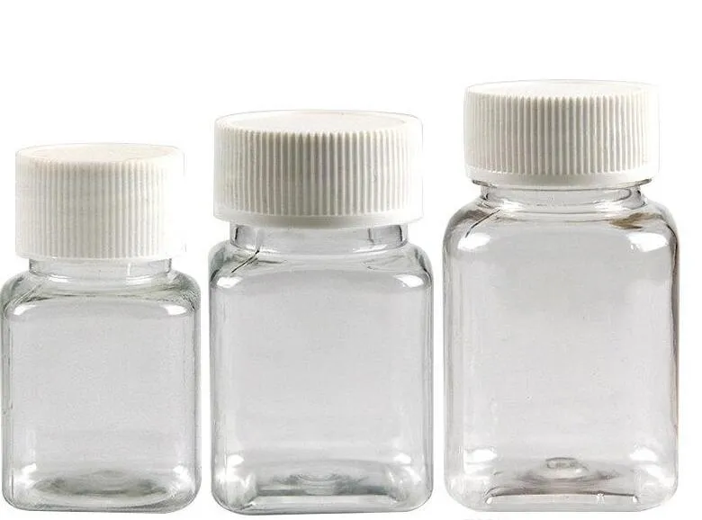 30ml 50ml 80ml Transparent Square PET Bottle, Packing Bottle, Capsule Bottle, Plastic Bottle with white cap