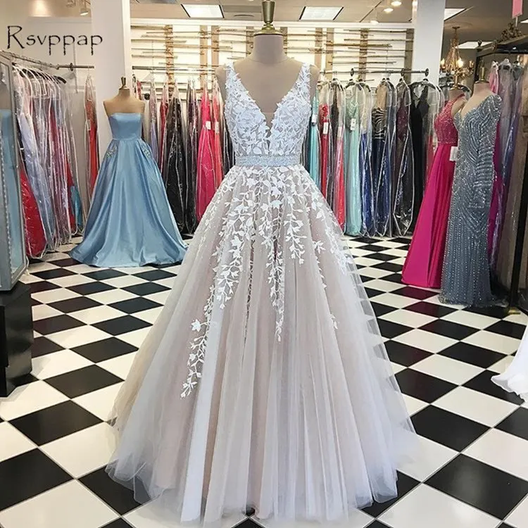 2019 Gorgeous A-line V-neck Prom Dresses Sleeveless Nude Lace beading belt African applique Formal Dress Women Long 2019 evening gowns