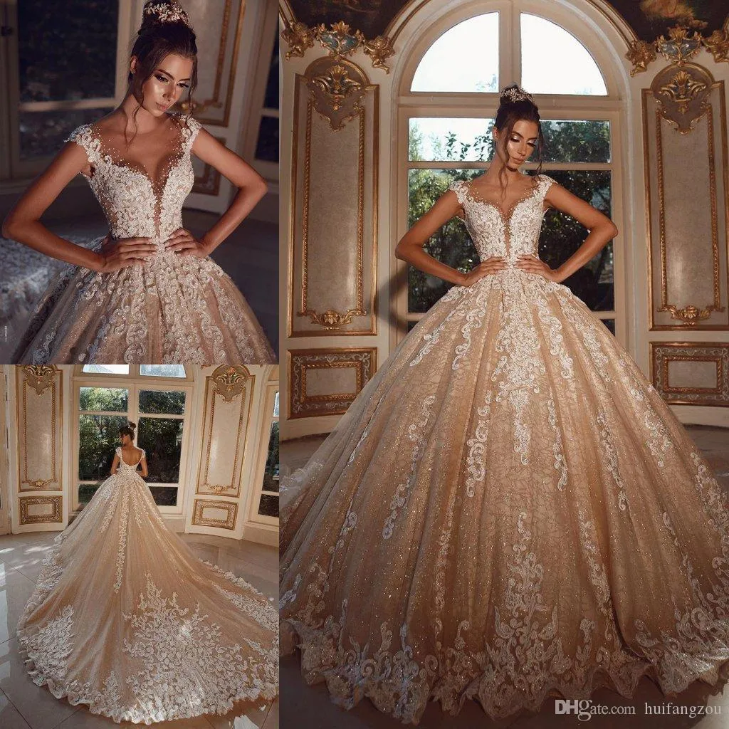 Country Style Luxury Champagne Ball Gown Wedding Dresses Beaded Appliqued Sheer Jewel Neck Arabic Robes De Mariée Wedding Dress Bridal Gown